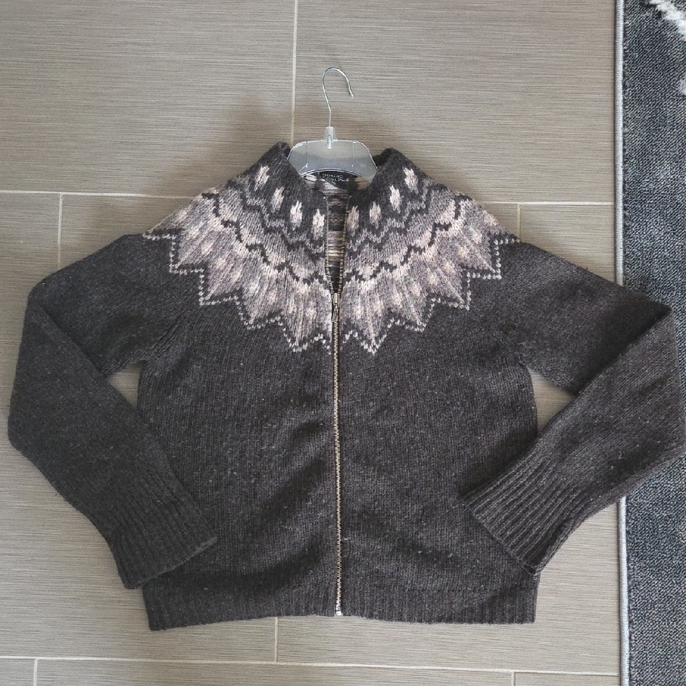 Vintage Lambswool Nordic Icelandic Cardigan Sweater Zip Fair Isle Yoke PM